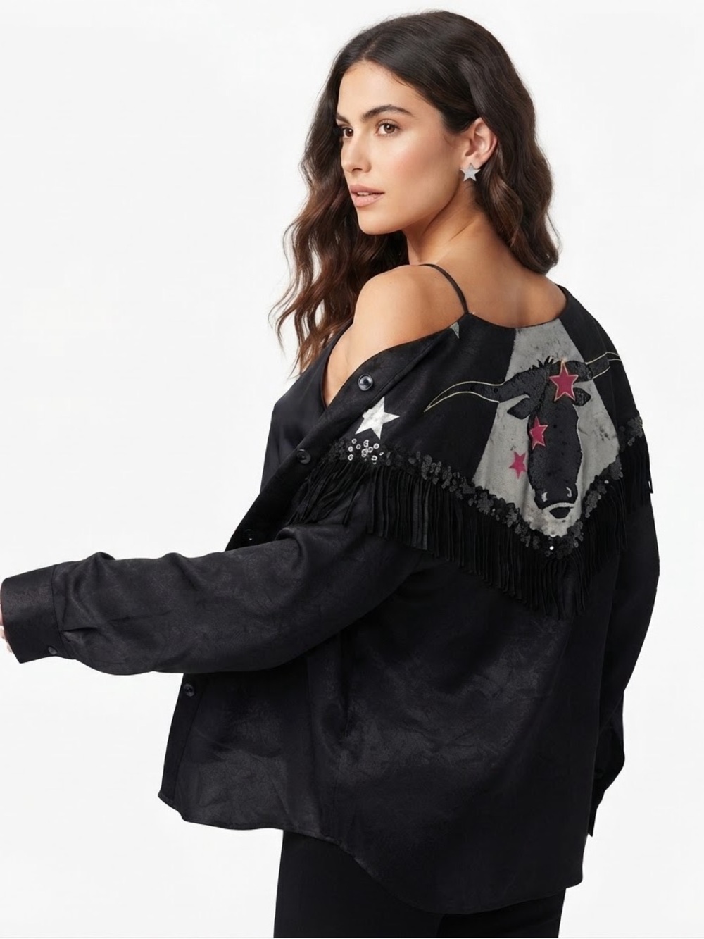 RARE Lily Dong Couture Vintage Western Fringe Jacket with Sequin Longhorn